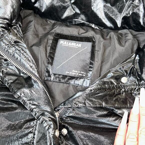 Pull&Bear puffer coat/jacket black wet look zip/button up women's SZ M hip hop - Picture 9 of 9